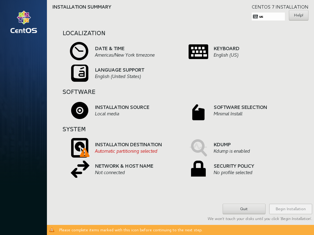 Main installation screen for CentOS 7.x